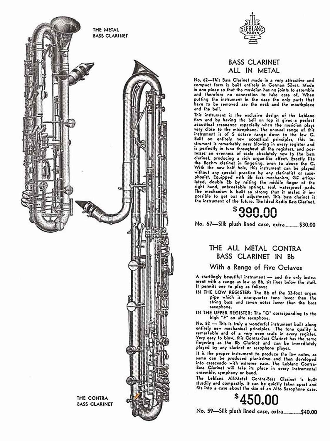 Valentin cases : affiche Leblanc USA de clarinette basse 390$ et contrebasse au prix de 450$. Le registre de la contrebasse est annoncé à cinq octaves.
